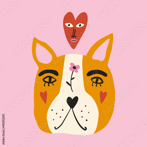 French bull. Vector clipart Valentines dog sticker. Dogs breed. EPS and JPG illustration. Funky doodle trendy print, colorful handdrawn childish cartoon art. Groovy fauve abstract collage decor