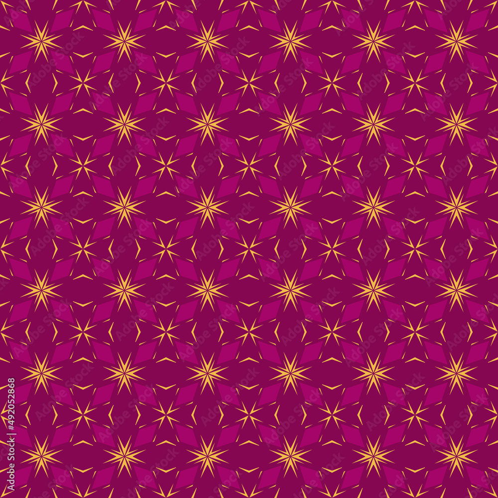 Fototapeta premium Abstract floral geometric ornament. Elegant vector seamless pattern with flower silhouettes, leaves, crosses, stars. Stylish background texture maroon and yellow tones. Repeat design for decor, fabric