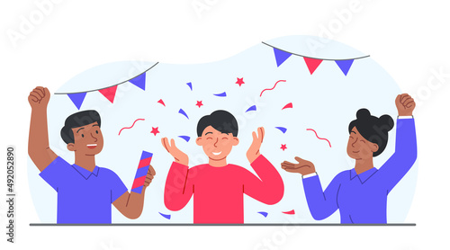 Concept of congratulation. Group of young guys with confetti. Holiday and greeting or invitation card. Birthday and holidays, friends. Party indoor, happiness. Cartoon flat vector illustration