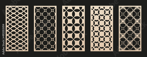 Laser cut pattern collection. Vector set of panels with geometric ornament, abstract circular grid. Traditional oriental style design. Template for cnc cutting of wood, metal, paper. Aspect ratio 1:2