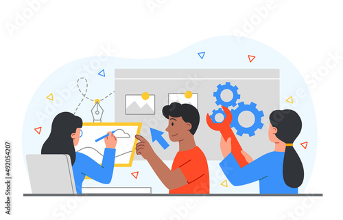 Design and Development. Men and girls create page interface, site on Internet. Programmers write code, template or layout. Colleagues and coworking, teamwork. Cartoon flat vector illustration