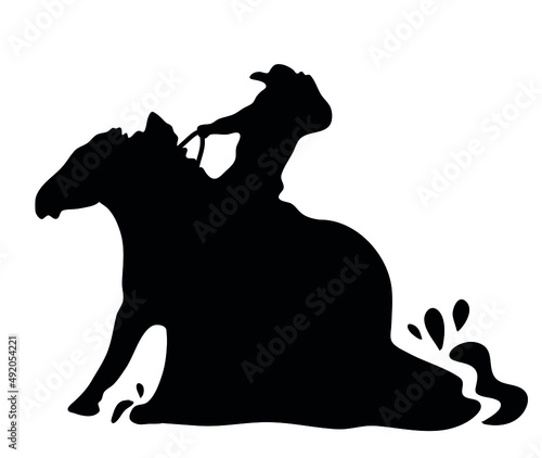 Black and white vector flat illustration: Sliding stop, reining western horse and rider silhouette	