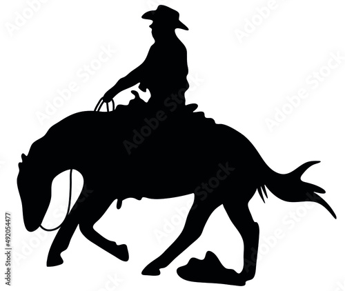 Black and white vector flat illustration  western horse and rider silhouette