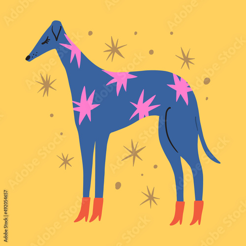 Whippet in red boots. Vector clipart dog sticker. Dogs breed. EPS and JPG illustration. Funky doodle trendy print, colorful handdrawn childish cartoon art. Groovy fauve abstract collage decor elements