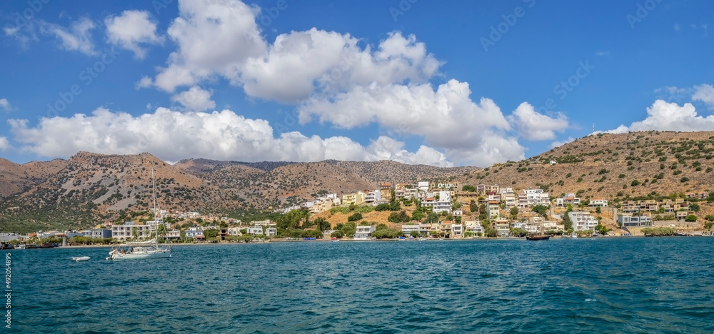 Hotels and tourist resorts, coast of Mirabello Bay, Gulf of Elounda, Crete, Greece