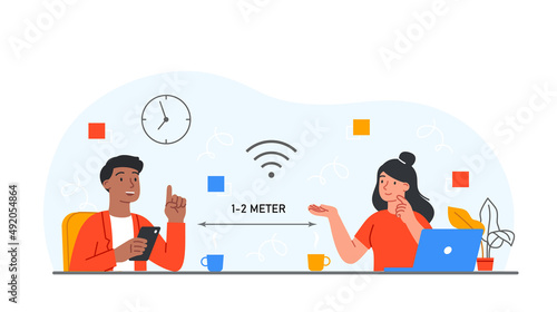 Concept of social distance. Man and girl communicate at distance. Health care, coronavirus pandemic and epidemic. Teamwork and colleagues, security and safety. Cartoon flat vector illustration