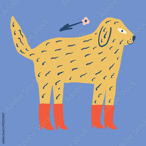 Vector clipart dog in red boots sticker. Dogs breed. EPS and JPG illustration. Funky doodle trendy print, colorful handdrawn childish cartoon art. Groovy fauve abstract collage decor elements in