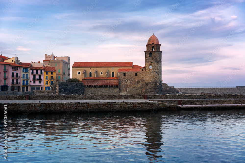 Collioure traditional colorful medieval village on the south of France at sunset