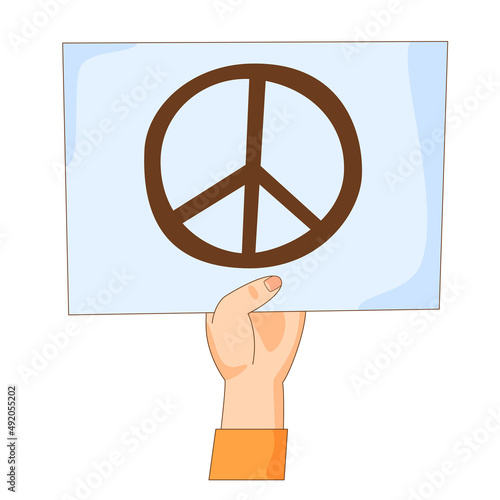 Hand with peace sign on banner. Antiwar and pacifist movement sign, placard or poster. Stop war demand. Vector