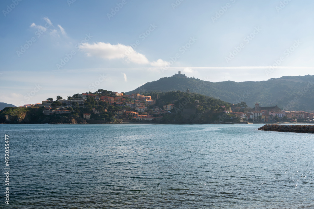 Collioure view from the other side of the bay with Fort of Saint Elme on the top of the village