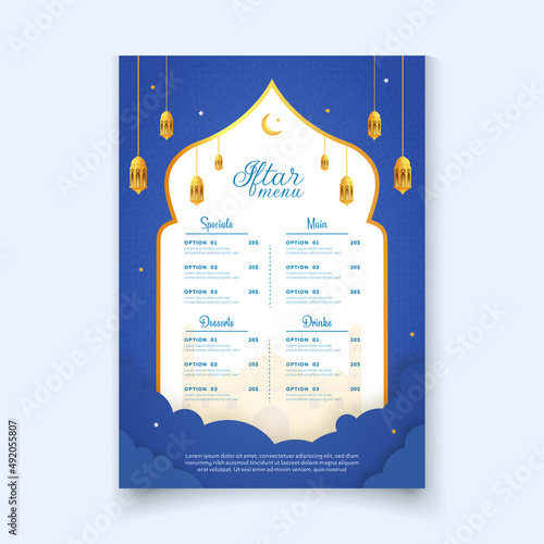 Ramadan Iftar menu card template vector for restaurant, food