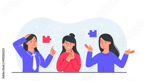 Woman gesture concept. Confident and insecure characters. Emotions and facial expressions. Stickers for social networks. Confusion, finding solution, brainstorming. Cartoon flat vector illustration