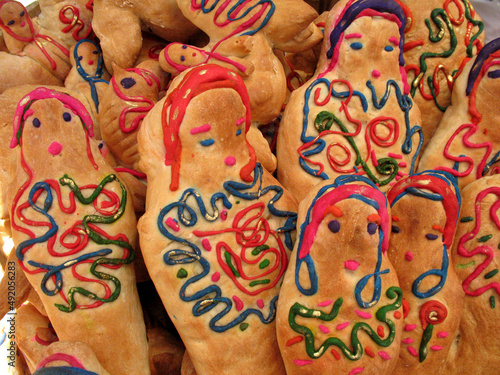 Traditional Dia de los Muertos (Day of the Dead) breads in Otavalo Food Market, Ecuador. 