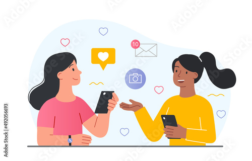 Girls discuss with phone. Modern technology and addiction to gadgets. Teenagers with smartphones talking, sharing news and content. Girlfriends discuss rumors. Cartoon flat vector illustration