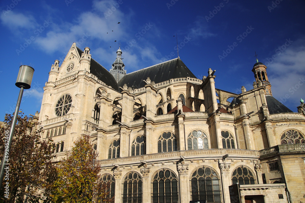 Saint-Eustache cathedral facade in Paris, France	