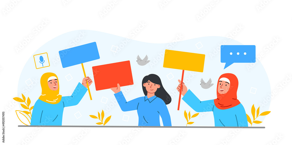 Woman holding banner. Protest and fight for equal rights, feminism and womens power. Posters or banners, place for text. Politically active citizens, advanced society. Cartoon flat vector illustration Woman holding banner. Protest and fight for equal rights, feminism and womens power. Posters or banners, place for text. Politically active citizens, advanced society. Cartoon flat vector illustration
