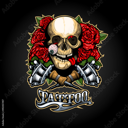 Illustration of a skull and tattoo machines on a background of roses and a beautiful inscription. T-Shirt and tattoo graphics.