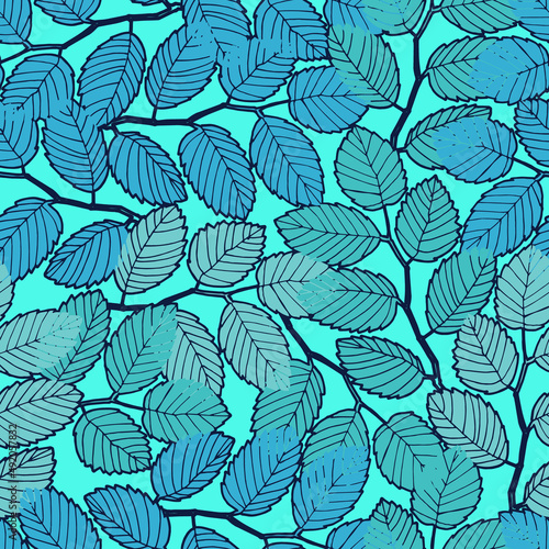 Seamless pattern with elm tree branches and leaves on blue background for surface design and other design projects. Monochrome realistic line art