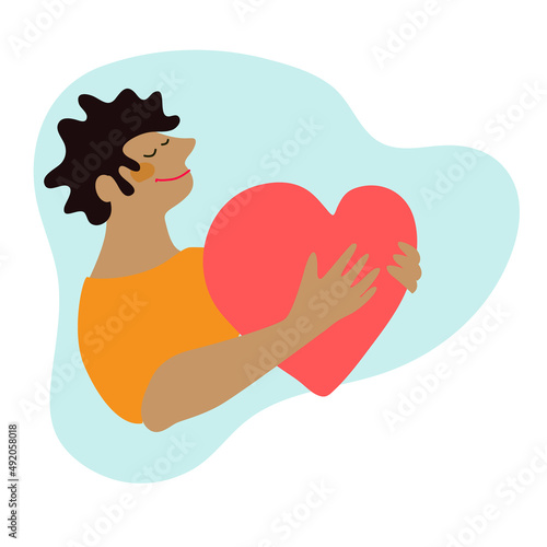 Cartoon style illustration of a young man hugging her chest to support her mental or heart health