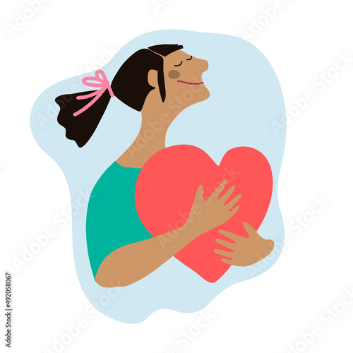 Cartoon style illustration of a young woman hugging her chest to support her mental or heart health