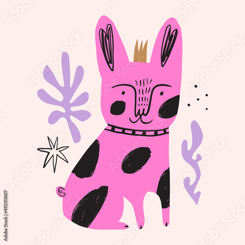 French bull. Vector clipart dog sticker. Dogs breed. EPS and JPG illustration. Funky doodle trendy print, colorful handdrawn childish cartoon art. Groovy fauve abstract collage decor elements in