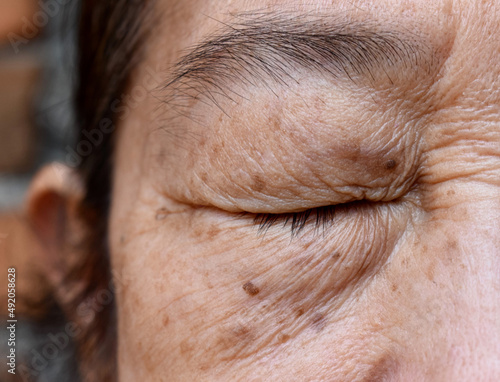 Wrinkles around closed eye of Asian elder woman. photo