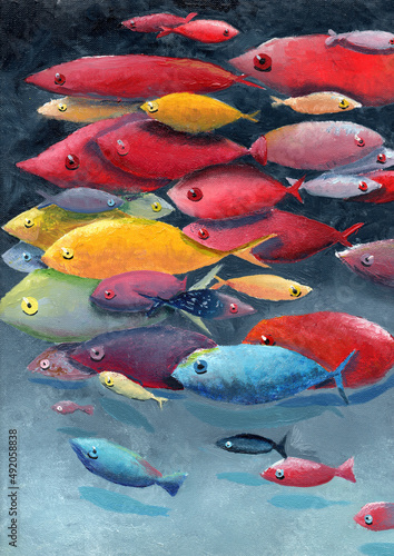 Oil primitive painting of different colorful fish on the ocean bottom