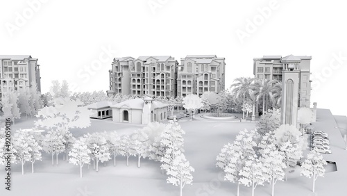 Condominium model in white color. 3d modern house  on white background. 3d illustration.