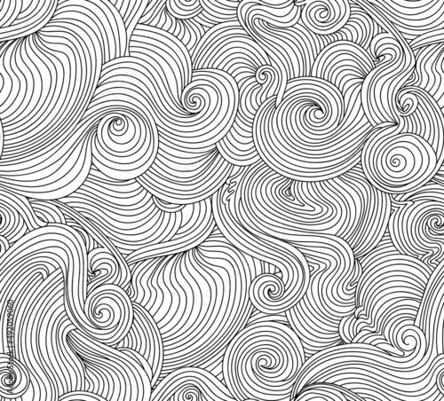 Decorative vector seamless pattern with hand drawn ornaments, wavy lines	
