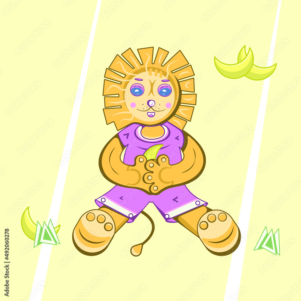 Naklejka premium Vector smiling lion sitting with a banana in paws and framed by grass and some bananas. Happy colorful lion cube holding a banana in hands on sunny day.