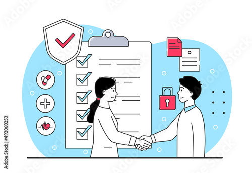 Medical insurance concept. Man and girl shake hands, characters have entered into agreement. Health care, specialist agrees on treatment method, doctor and patient. Cartoon flat vector illustration