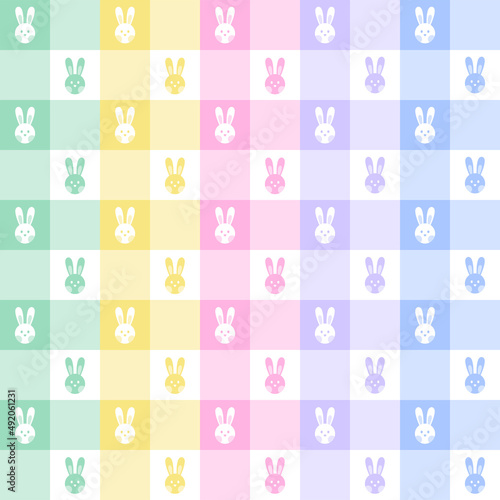 Cute Easter Egg Bunny Rabbit Animal Pet Pastel Rainbow CheckeredColorful Plaid Gingham Pattern Background Vector Cartoon Illustration Tablecloth, Picnic mat wrap paper, Mat, Fabric, Textile, Scarf.