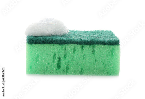 Green cleaning sponge with foam on white background