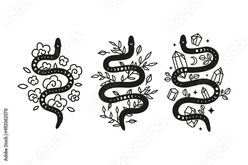 Celestial boho snakes with moon phases, flowers, leaves, crystals, stars.