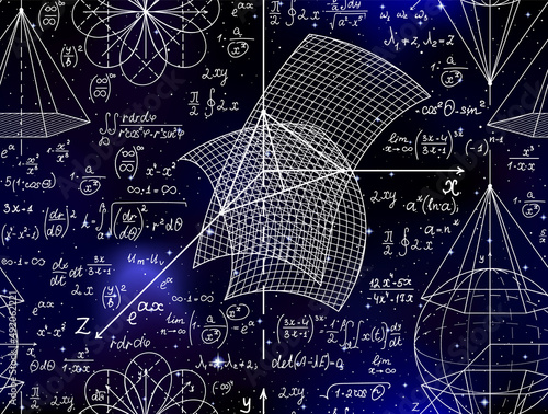 Math vector seamless texture with handwritten mathematical formulas, plots and calculations on the background of stars 