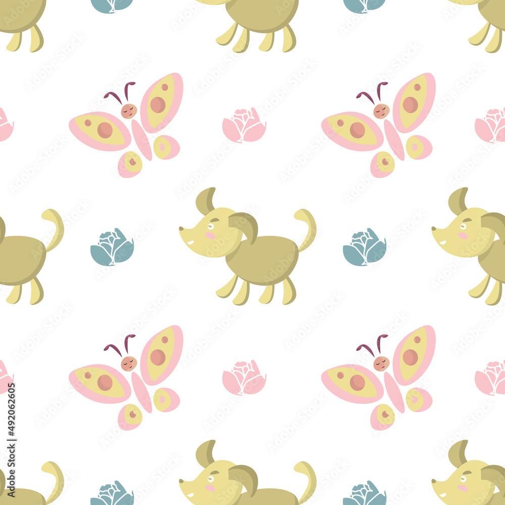 Seamless pattern in pastel colors with cute dogs, butterflies, flowers on a white background. Vector design for baby products, diapers, clothes, textiles, wrapping paper, prints, decorations.