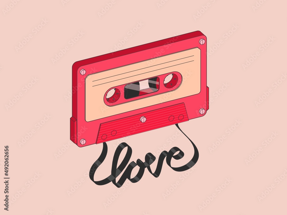 3D illustration of vintage retro cassette. Audio cassette of love. Love songs, love audio recordings. A tape recording of a love story.