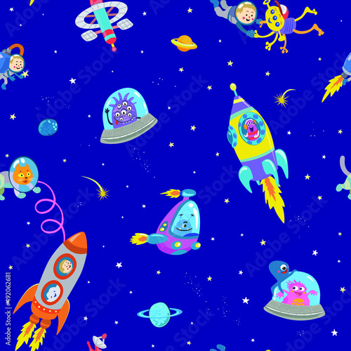 Seamless pattern. Space cartoon characters isolated on blue background. Astronauts, aliens, robots, ufos, space monsters, rockets, satellites, planets, stars. Vector illustration for kids.