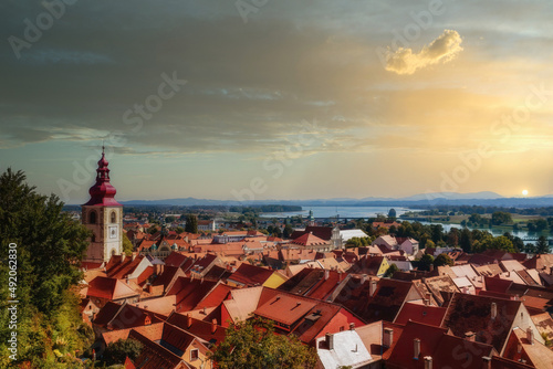 A view of the center of Ptuj city, church and old town of Ptuj, Slovenia photo