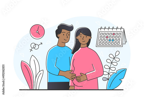 Concept of pregnant. Man hugs girl, happy husband and wife, future parents take care of child. Healthy lifestyle, biology. Characters calculate babys date of. Cartoon flat vector illustration