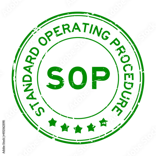 Grunge green SOP Standard Operating Procedure word round rubber seal stamp on white background