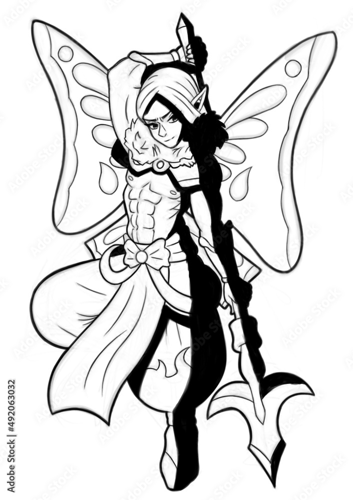 Fairy male dragon slayer, with big wings, big spear line style manga