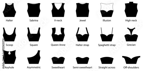 Neckline Type of Women Dress. Strapless Decolletage, Halter, Sweetheart, Queen Anne, V-Neck, Off Shoulder. Neck Line Fashion Blouse, Shirt Silhouette Pictogram Set. Isolated Vector Illustration