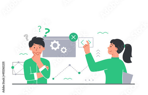 Problem solving concept. Man and girl looking for way to fix technical problems. Assistant and programmers. Website setup, brainstorming and research, teamwork. Cartoon flat vector illustration