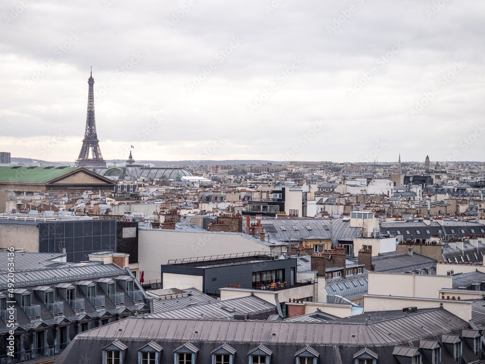 Wide Cityscape of Paris, France on a cloudy day