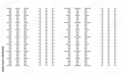 Vector illustration of different size indicators isolated on white background. Set of measure instrument lines in flat style. Vertical measuring scale. Markup for rulers. Bar level meter template.