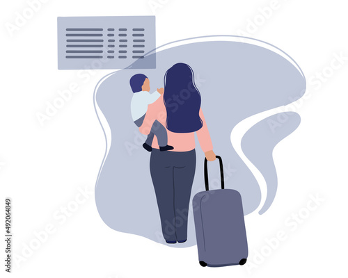 A young woman or mother with a small child in her arms and a suitcase looks at the train schedule board. Resettlement during hostilities or states of emergency. Flat vector illustration