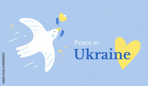 Peace in Ukraine. The symbol of peace is a white dove with a flower. Dove cartoon illustration. No war, save Ukraine.