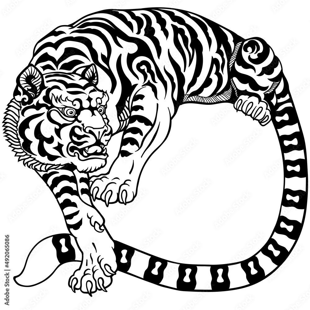 White tiger, stylized peaceful big cat. Chinese astrological sign. Celestial feng shui animal. Black an white vector illustration