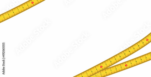Vector background with measure tape in flat style. Yellow measuring tape template isolated on white background. Vector illustration measuring tool.